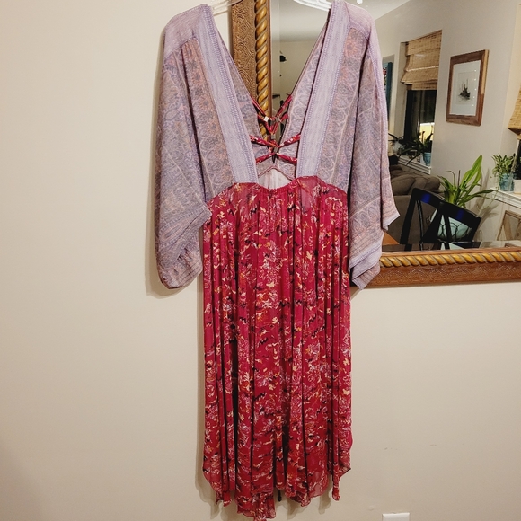 NEW Free People High Low Mini Midi Dress Pink Purple V Neck Boho Tunic - Picture 5 of 8